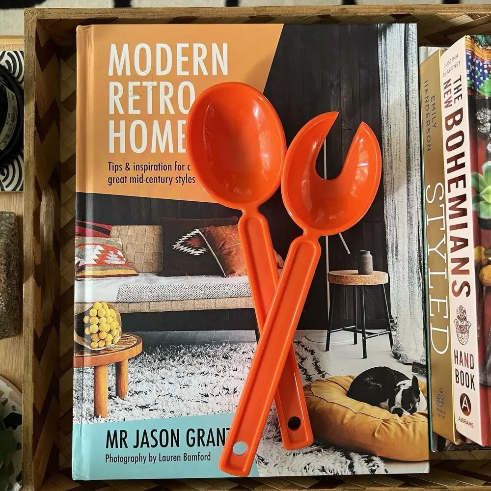 VINTAGE 1970s MCM Salad Serving Utensils Orange Melamine Spoon Slotted Fork